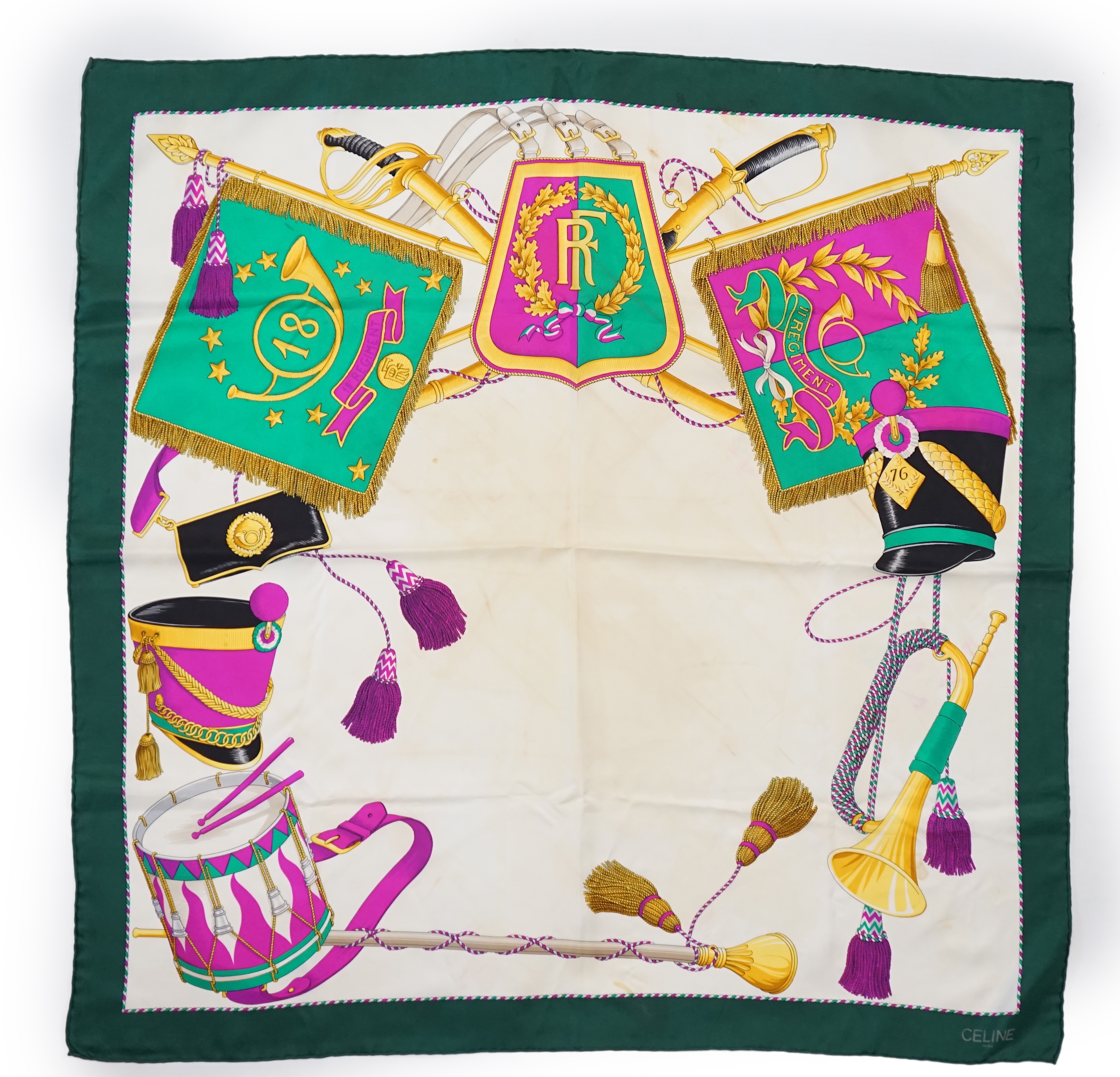A Celine 18th Regiment silk scarf, approx 88cm x 86cm